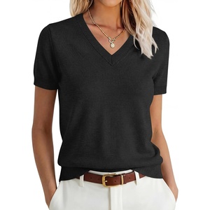 image:imageANRABESS Womens 100 Wool SweaterOffice Work V Neck Short Sleeve Sweaters Soft amp Lightweight Business Casual TopsBlack