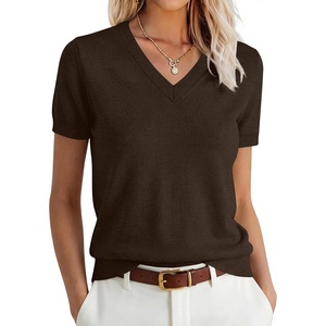 image:imageANRABESS Womens 100 Wool SweaterOffice Work V Neck Short Sleeve Sweaters Soft amp Lightweight Business Casual TopsBrown