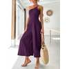 image:imageANRABESS Womens Summer Straps One Shoulder High Waist Dressy Casual Wide Leg Linen Jumpsuit Romper Beach Travel OutfitsPurple