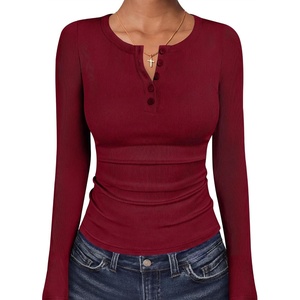 image:imageANRABESS Womens Long Sleeve Henley Tops Ribbed Slim Fit Shirts Comfy Stretchy Fall Winter LayerBasic Tee for Work amp TravelDeep Red