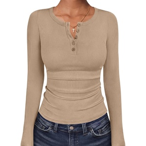 image:imageANRABESS Womens Long Sleeve Henley Tops Ribbed Slim Fit Shirts Comfy Stretchy Fall Winter LayerBasic Tee for Work amp TravelLight Khaki