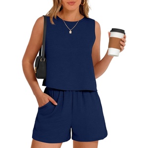 image:imageANRABESS Two Piece Sets for Women Summer Casual Sleeveless Tank Top Matching Shorts Lounge Sets Pajamas 2026 Trendy ClothesNavy Blue