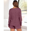 image:imageANRABESS Womens 2 Piece Lounge Pajama Sets Casual Ribbed Long Sleeve Top Matching Shorts Sleepwear PJ Set 2026 Fall OutfitsDark Red