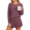 image:imageANRABESS Womens 2 Piece Lounge Pajama Sets Casual Ribbed Long Sleeve Top Matching Shorts Sleepwear PJ Set 2026 Fall OutfitsDark Red
