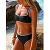 image:imageANRABESS Womens Bikini Sets Two Piece Swimsuit Ribbed Front Ruched Mid Waisted Bathing Suit Color Block 2026 Beach Swimwear Black White XL