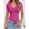 image:imageANRABESS Womens V Neck Bodysuits Short Sleeve Slim Fit Going Out Body Suit Tops 2026 Summer Outfits for Daily Work TravelHot Pink