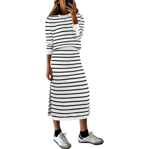 image:imageANRABESS 2 Piece Skirts Sets For Women Fall Fashion 2026 Striped Sweater Midi Dress Knit Lounge Travel Outfits Winter ClothesBlack White