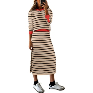 image:imageANRABESS 2 Piece Skirts Sets For Women Fall Fashion 2026 Striped Sweater Midi Dress Knit Lounge Travel Outfits Winter ClothesKhaki Black Red