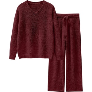 image:imageANRABESS Lounge Sets for Women Fuzzy Fleece Pajama Sets 2 Piece Outfits Cozy Sweater Matching Set 2026 Fall Winter LoungewearWine Red