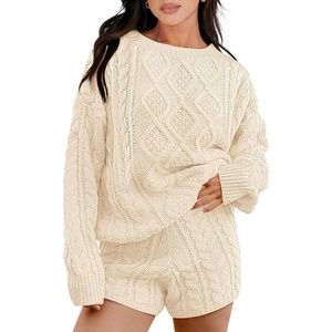 image:imageANRABESS Women 2 Piece Outfits Sweater Lounge Loungewear Sets 2026 Winter Cable Knit Oversized Sweaters Shorts Matching SetsApricot