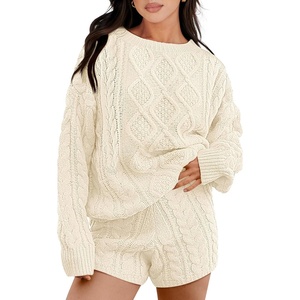 image:imageANRABESS Women 2 Piece Outfits Sweater Lounge Loungewear Sets 2026 Winter Cable Knit Oversized Sweaters Shorts Matching SetsBeige