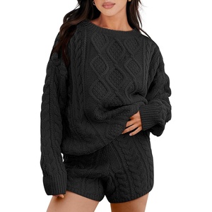 image:imageANRABESS Women 2 Piece Outfits Sweater Lounge Loungewear Sets 2026 Winter Cable Knit Oversized Sweaters Shorts Matching SetsBlack