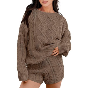 image:imageANRABESS Women 2 Piece Outfits Sweater Lounge Loungewear Sets 2026 Winter Cable Knit Oversized Sweaters Shorts Matching SetsBrown