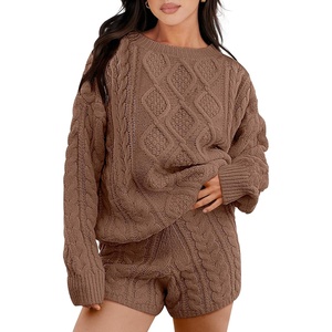 image:imageANRABESS Women 2 Piece Outfits Sweater Lounge Loungewear Sets 2026 Winter Cable Knit Oversized Sweaters Shorts Matching SetsCoffee