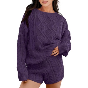 image:imageANRABESS Women 2 Piece Outfits Sweater Lounge Loungewear Sets 2026 Winter Cable Knit Oversized Sweaters Shorts Matching SetsPurple