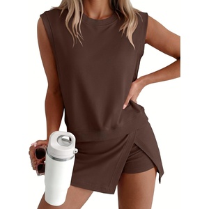 image:imageANRABESS Women Two Piece Skirt Sets Summer Outfits Athletic Workout Tennis Lined Skort Short Set Travel Vacation ClothesCoffee