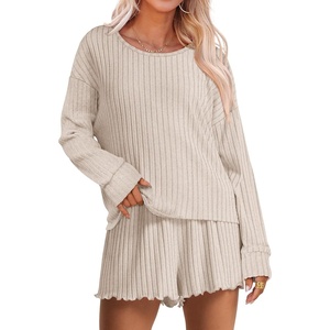 image:imageANRABESS Womens 2 Piece Lounge Pajama Sets Casual Ribbed Long Sleeve Top Matching Shorts Sleepwear PJ Set 2026 Fall OutfitsLight Khaki