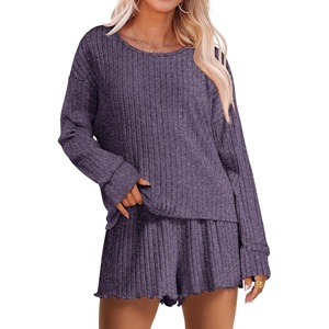 image:imageANRABESS Womens 2 Piece Lounge Pajama Sets Casual Ribbed Long Sleeve Top Matching Shorts Sleepwear PJ Set 2026 Fall OutfitsPurple
