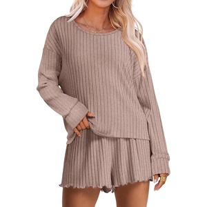 image:imageANRABESS Womens 2 Piece Lounge Pajama Sets Casual Ribbed Long Sleeve Top Matching Shorts Sleepwear PJ Set 2026 Fall OutfitsTan