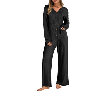 image:imageANRABESS Womens 2 Piece Lounge Pajama Sets Ribbed Long Sleeve Button Top Matching Pants Sleepwear PJ Set 2026 Fall OutfitsBlack
