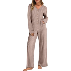 image:imageANRABESS Womens 2 Piece Lounge Pajama Sets Ribbed Long Sleeve Button Top Matching Pants Sleepwear PJ Set 2026 Fall OutfitsTan