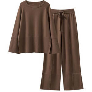 image:imageANRABESS Womens 2 Piece Outfits Oversized Knit Sweater Set Wide Leg Pant Cozy Lounge Matching Pajama Sets 2026 Trendy ClothesBrown