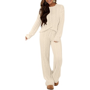 image:imageANRABESS Womens Fuzzy Fleece Pajama Set 2 Piece Outfits Lounge Knit Oversized Sweater Pj Sets 2026 Fall Winter LoungewearBeige