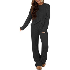 image:imageANRABESS Womens Fuzzy Fleece Pajama Set 2 Piece Outfits Lounge Knit Oversized Sweater Pj Sets 2026 Fall Winter LoungewearBlack