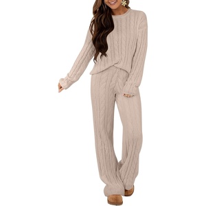 image:imageANRABESS Womens Fuzzy Fleece Pajama Set 2 Piece Outfits Lounge Knit Oversized Sweater Pj Sets 2026 Fall Winter LoungewearLight Khaki