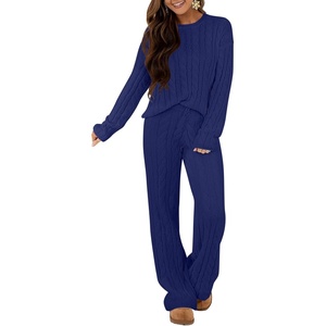 image:imageANRABESS Womens Fuzzy Fleece Pajama Set 2 Piece Outfits Lounge Knit Oversized Sweater Pj Sets 2026 Fall Winter LoungewearNavy Blue