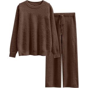 image:imageANRABESS Womens Fuzzy Fleece Pajama Sets 2 Piece Outfits Long Sleeve Top Wide Leg Pants Lounge Matching Set 2026 Fall WinterBrown