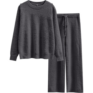 image:imageANRABESS Womens Fuzzy Fleece Pajama Sets 2 Piece Outfits Long Sleeve Top Wide Leg Pants Lounge Matching Set 2026 Fall WinterDeep Gray
