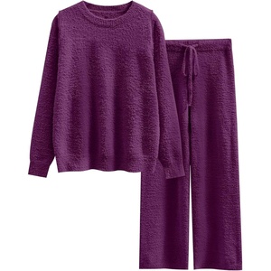 image:imageANRABESS Womens Fuzzy Fleece Pajama Sets 2 Piece Outfits Long Sleeve Top Wide Leg Pants Lounge Matching Set 2026 Fall WinterDeep Viole