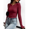 image:imageANRABESS Womens Long Sleeve Shirts Ruched Side Fitted Basic Tee Tops Soft Ribbed Stretchy TShirt Layer for Casual amp WorkWine Red