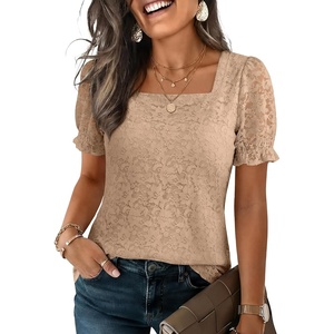 image:imageANRABESS Womens Lace Square Neck Blouse Puff Sleeve Soft Top for Dressy Casual Work amp Spring Summer FashionLight Khaki