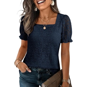 image:imageANRABESS Womens Lace Square Neck Blouse Puff Sleeve Soft Top for Dressy Casual Work amp Spring Summer FashionNavy Blue