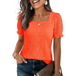 image:imageANRABESS Womens Lace Square Neck Blouse Puff Sleeve Soft Top for Dressy Casual Work amp Spring Summer FashionOrange