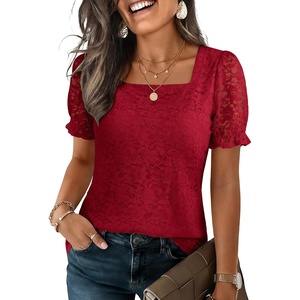 image:imageANRABESS Womens Lace Square Neck Blouse Puff Sleeve Soft Top for Dressy Casual Work amp Spring Summer FashionRed
