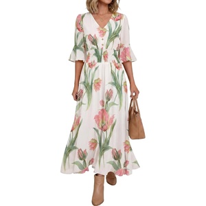image:imageANRABESS Womens Maxi Dress 2026 Summer Boho Ruffle Sleeve V Neck A Line Elastic Waist Flowy Wedding Guest Party Long DressesFloral Pink White