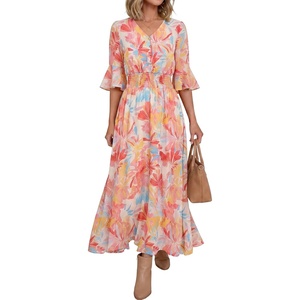 image:imageANRABESS Womens Maxi Dress 2026 Summer Boho Ruffle Sleeve V Neck A Line Elastic Waist Flowy Wedding Guest Party Long DressesFloral Yellow Pink