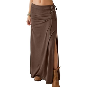 image:imageANRABESS Womens Maxi Skirts High Waisted 2026 Summer Boho Floral Beach Flowy Side Slit Long Skirt with Adjustable DrawstringBrown