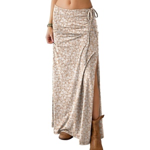 image:imageANRABESS Womens Maxi Skirts High Waisted 2026 Summer Boho Floral Beach Flowy Side Slit Long Skirt with Adjustable DrawstringFloral Beige