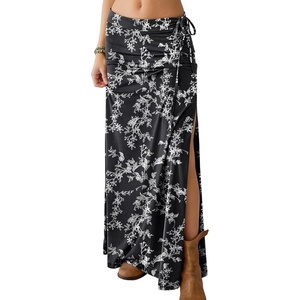image:imageANRABESS Womens Maxi Skirts High Waisted 2026 Summer Boho Floral Beach Flowy Side Slit Long Skirt with Adjustable DrawstringFloral Black