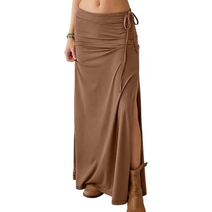 image:imageANRABESS Womens Maxi Skirts High Waisted 2026 Summer Boho Floral Beach Flowy Side Slit Long Skirt with Adjustable DrawstringKhaki