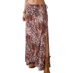 image:imageANRABESS Womens Maxi Skirts High Waisted 2026 Summer Boho Floral Beach Flowy Side Slit Long Skirt with Adjustable DrawstringLeopard Print