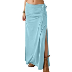 image:imageANRABESS Womens Maxi Skirts High Waisted 2026 Summer Boho Floral Beach Flowy Side Slit Long Skirt with Adjustable DrawstringLight Blue
