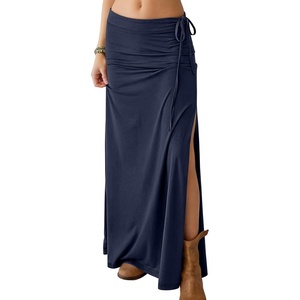 image:imageANRABESS Womens Maxi Skirts High Waisted 2026 Summer Boho Floral Beach Flowy Side Slit Long Skirt with Adjustable DrawstringNavy Blue