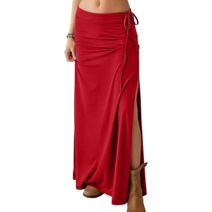 image:imageANRABESS Womens Maxi Skirts High Waisted 2026 Summer Boho Floral Beach Flowy Side Slit Long Skirt with Adjustable DrawstringRed