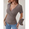 image:imageANRABESS Shirts for Women V Neck Short Sleeve Sexy Top Ribbed Slim Fit Dressy Casual 2026 Comfy Daily Wear amp Going OutCool Ash Brown