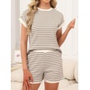image:imageANRABESS Womens 2 Piece Ribbed Striped Knit Pajama Set Short Sleeve Top amp Lounge Shorts Casual Loungewear for Summer amp HomeBrown Beige Striped